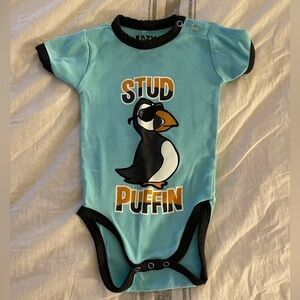 Lazy One | stud puffin light blue Maine onesie | baby boy 12 mo